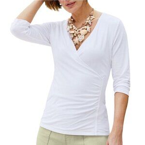 Soft Surroundings Alyssa Knit Top White 3/4 Sleeve Ruched Pima Cotton Size L